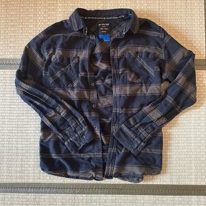 Kavu long sleeve button up shirt with black and green stripes